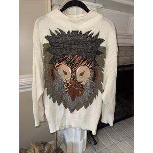 20ANS By Mariea Kim Women's Medium Sweater Cream Tiger Animal Pattern Vintage